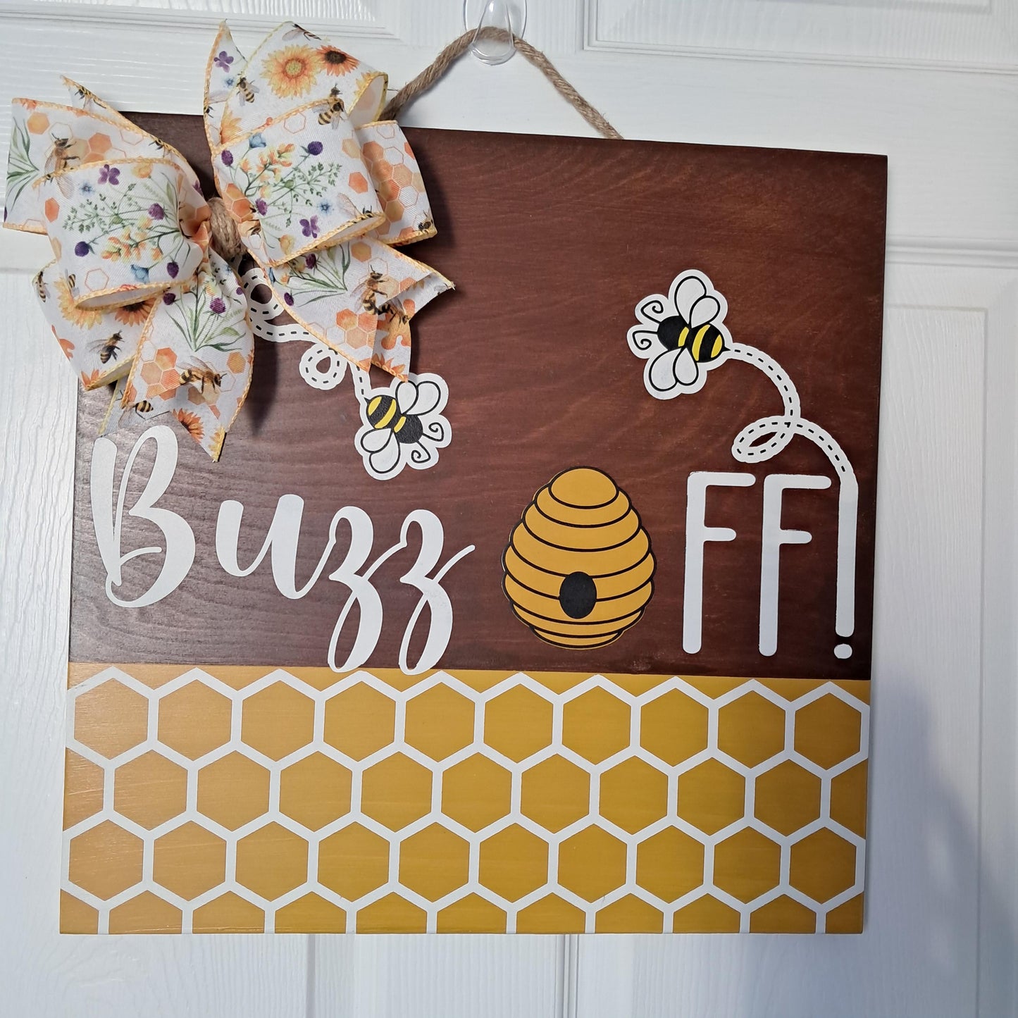 Buzz Off Door Hanger – Bee & Sunflower Sign – Funny Front Door Decor – Bow & Jute Hanger Included – Optional Greenery