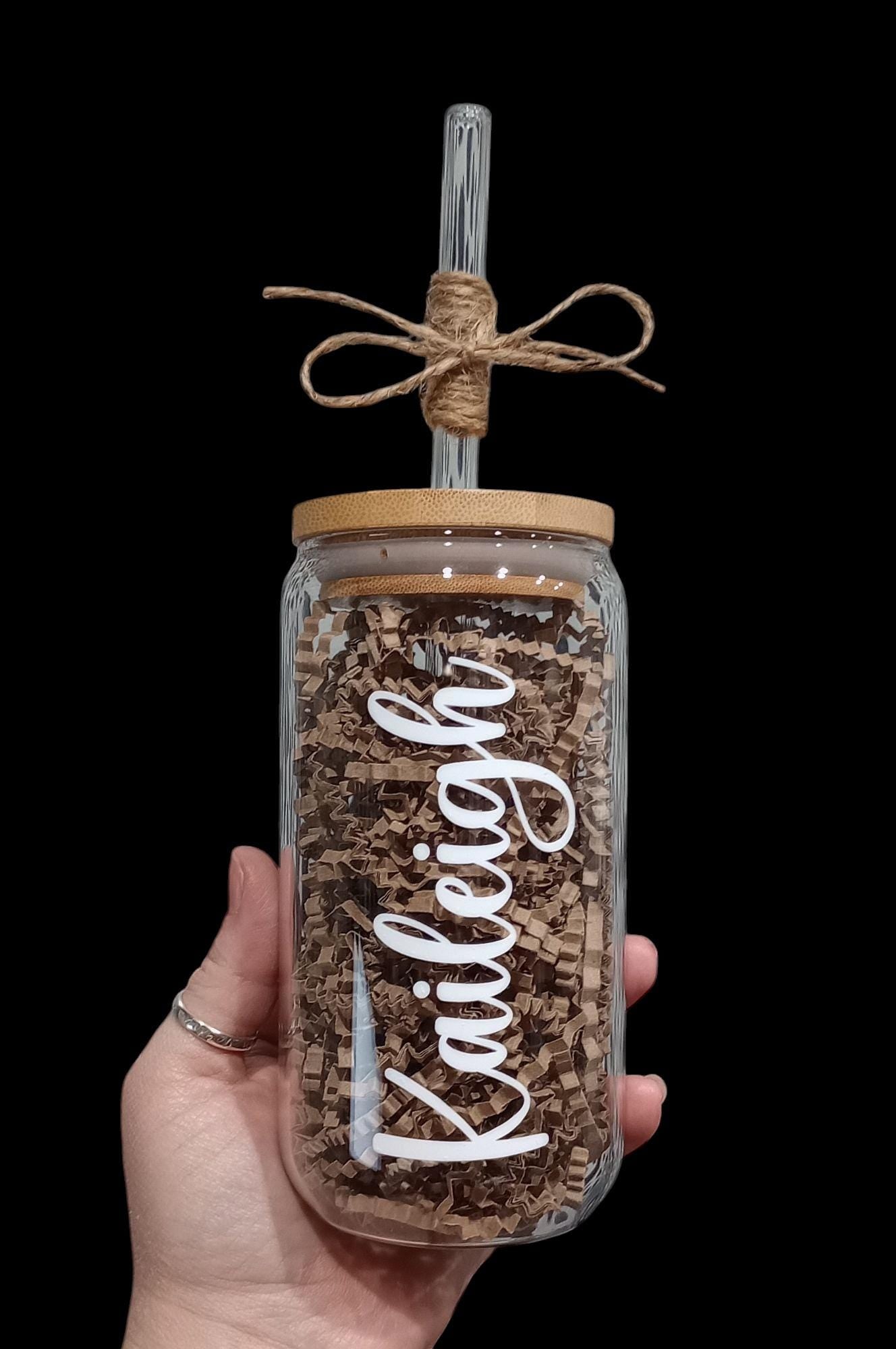 Personalized Name Iced Coffee Cup – Custom Clear Glass Tumbler with Bamboo Lid & Straw