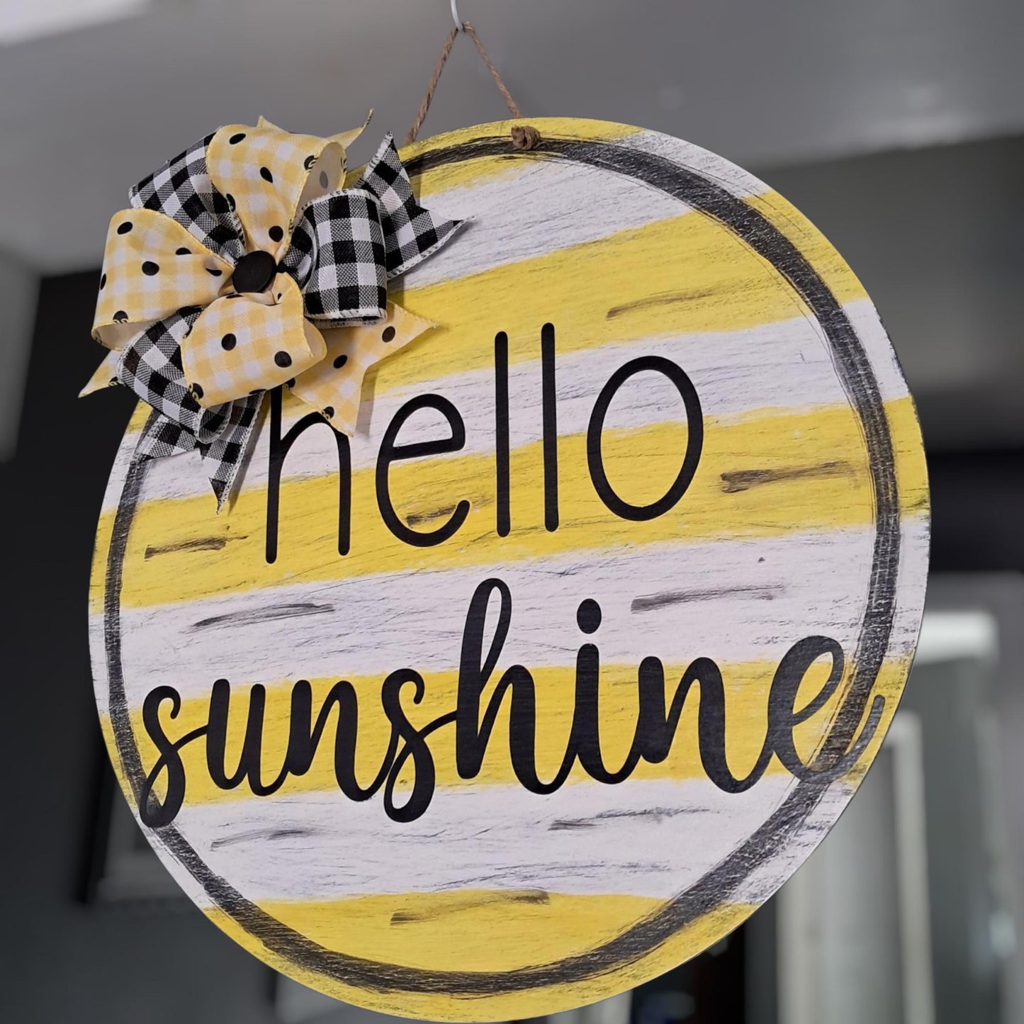 Hello Sunshine Door Hanger – 16" Round, Hand Painted Yellow with Polka Dots & Bow – Summer Front Door Décor