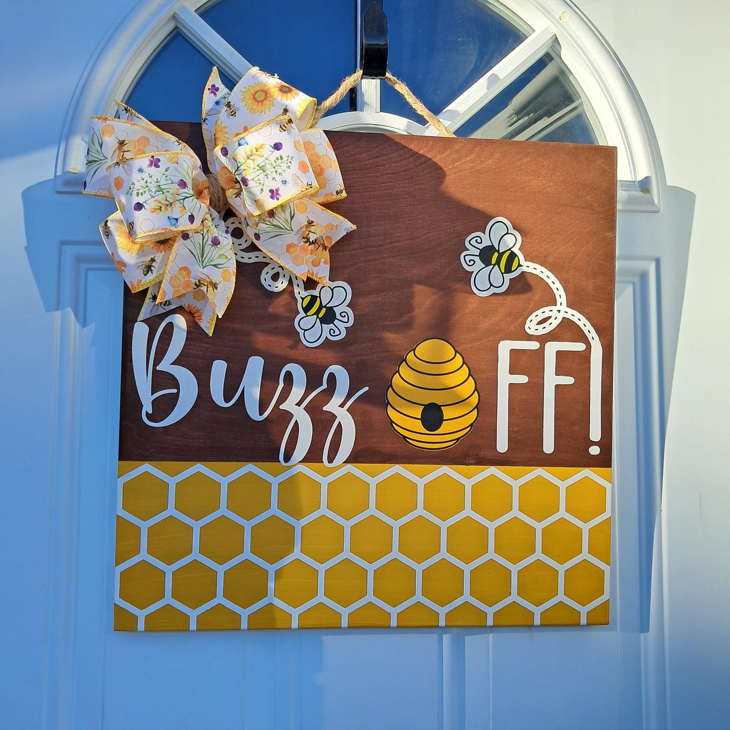 Buzz Off Door Hanger – Bee & Sunflower Sign – Funny Front Door Decor – Bow & Jute Hanger Included – Optional Greenery