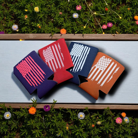 Distressed American Flag Can Cooler – Patriotic Foam Koozie – USA Flag Drink Sleeve