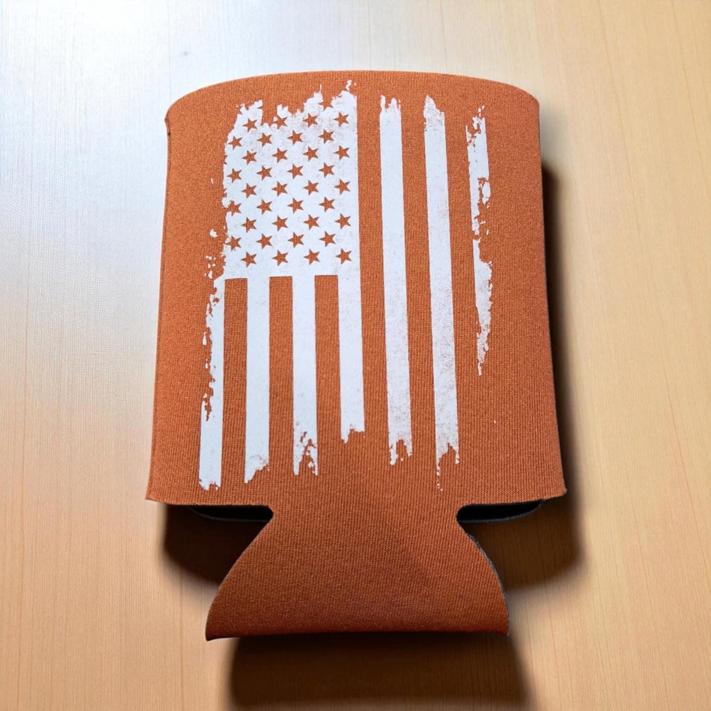 Distressed American Flag Can Cooler – Patriotic Foam Koozie – USA Flag Drink Sleeve