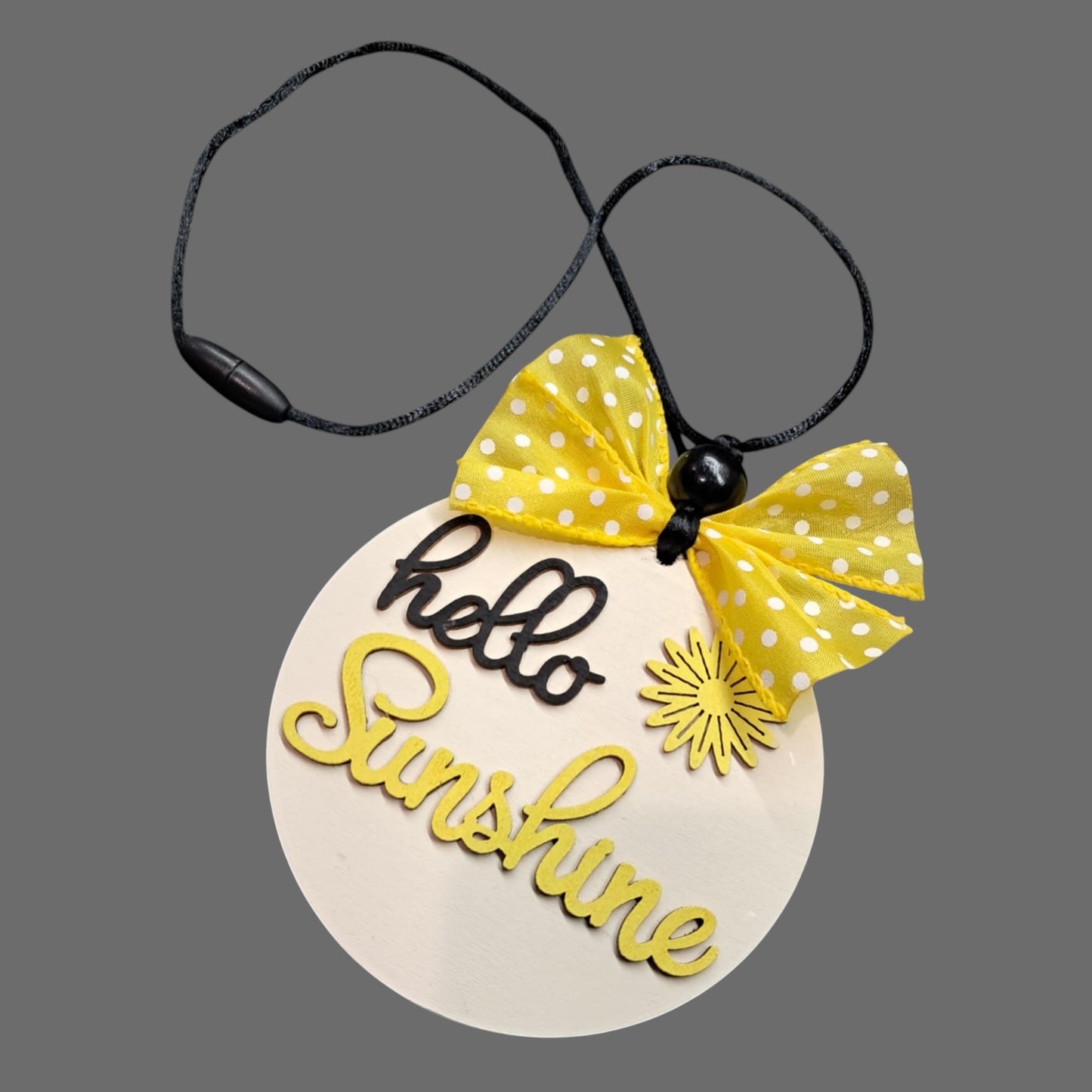 Hello Sunshine Car Mirror Charm – 4" Wood Round – Neutral & Yellow – Beads, Bow & Adjustable Jute Hanger