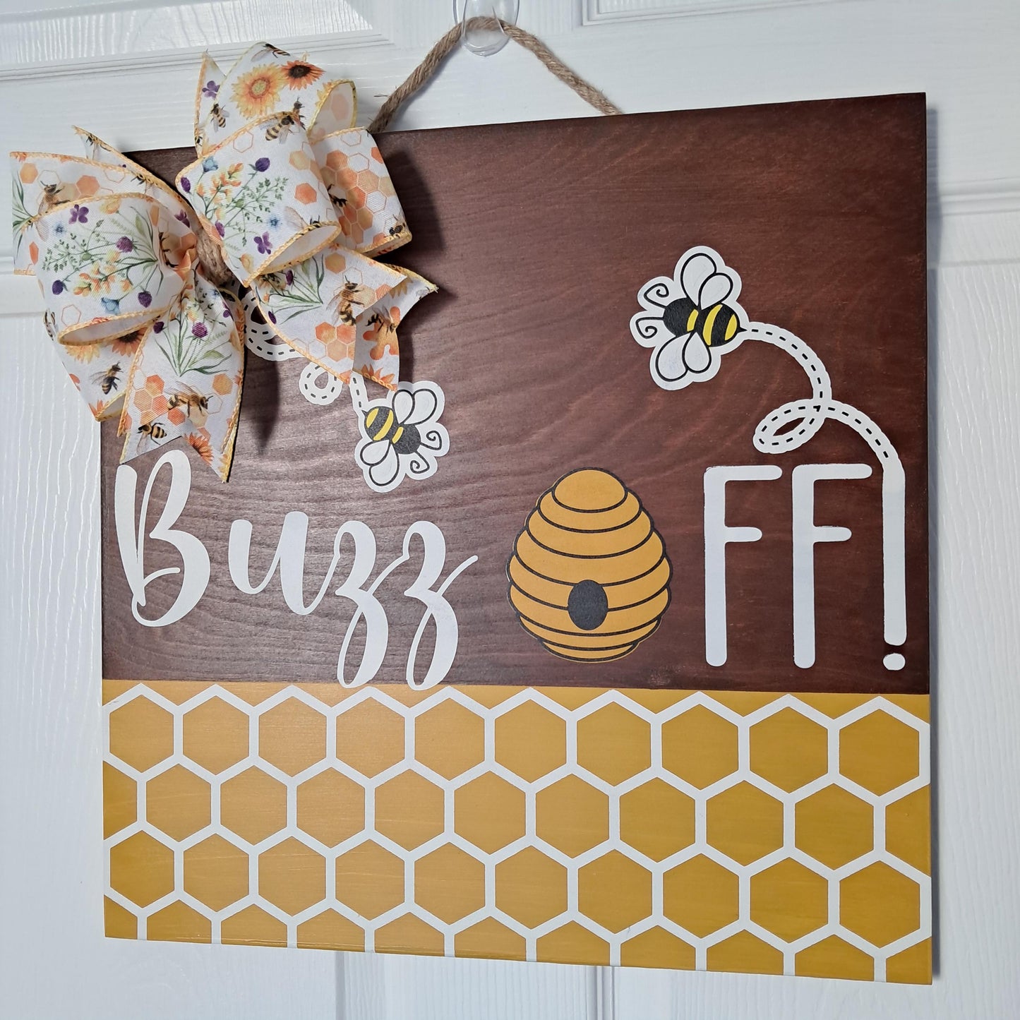 Buzz Off Door Hanger – Bee & Sunflower Sign – Funny Front Door Decor – Bow & Jute Hanger Included – Optional Greenery