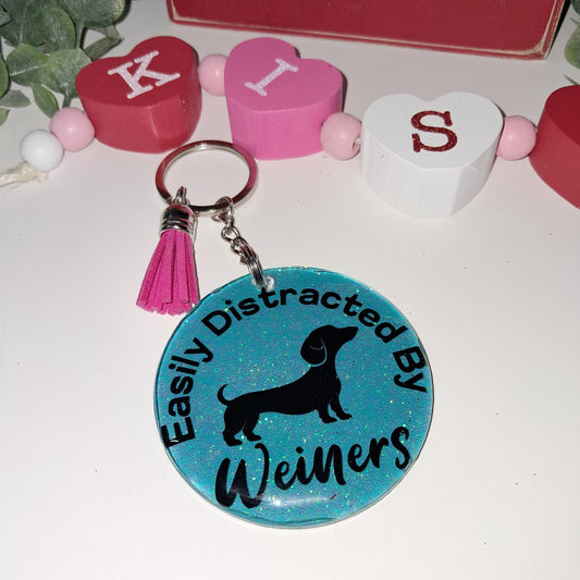 Easily Distracted by Wieners – Glitter Acrylic Keychain with Pink Tassel