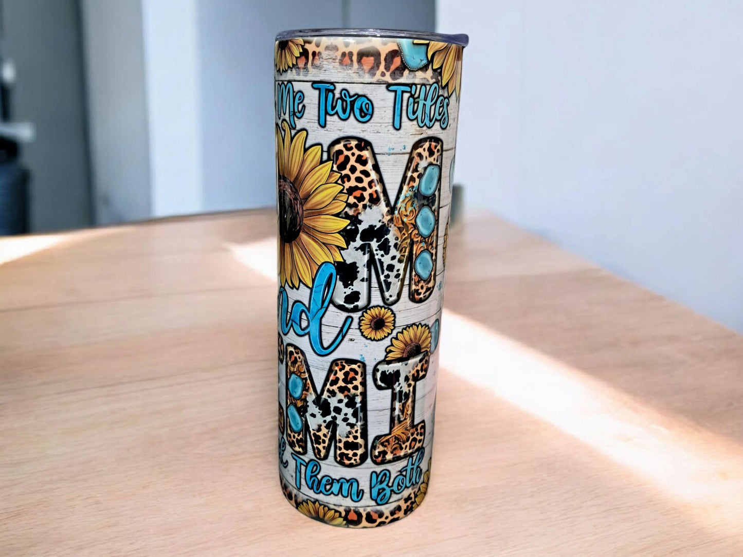 20oz Skinny Tumbler | God Gifted Me Two Titles, Mom and Mimi | Stainless Steel Insulated with Straw & Brush | Perfect Gift for Moms & Grandmas