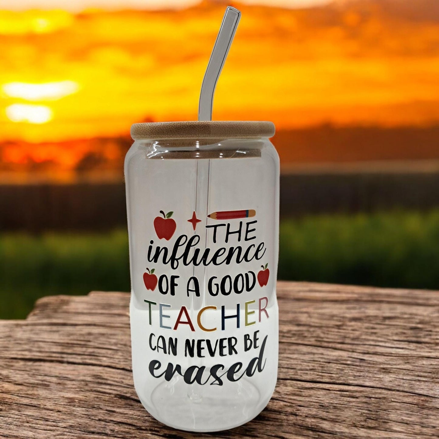 Teacher Iced Coffee Tumbler – 16oz Glass with Bamboo Lid & Reusable Straw – Durable DTF Design – Perfect Teacher Gift