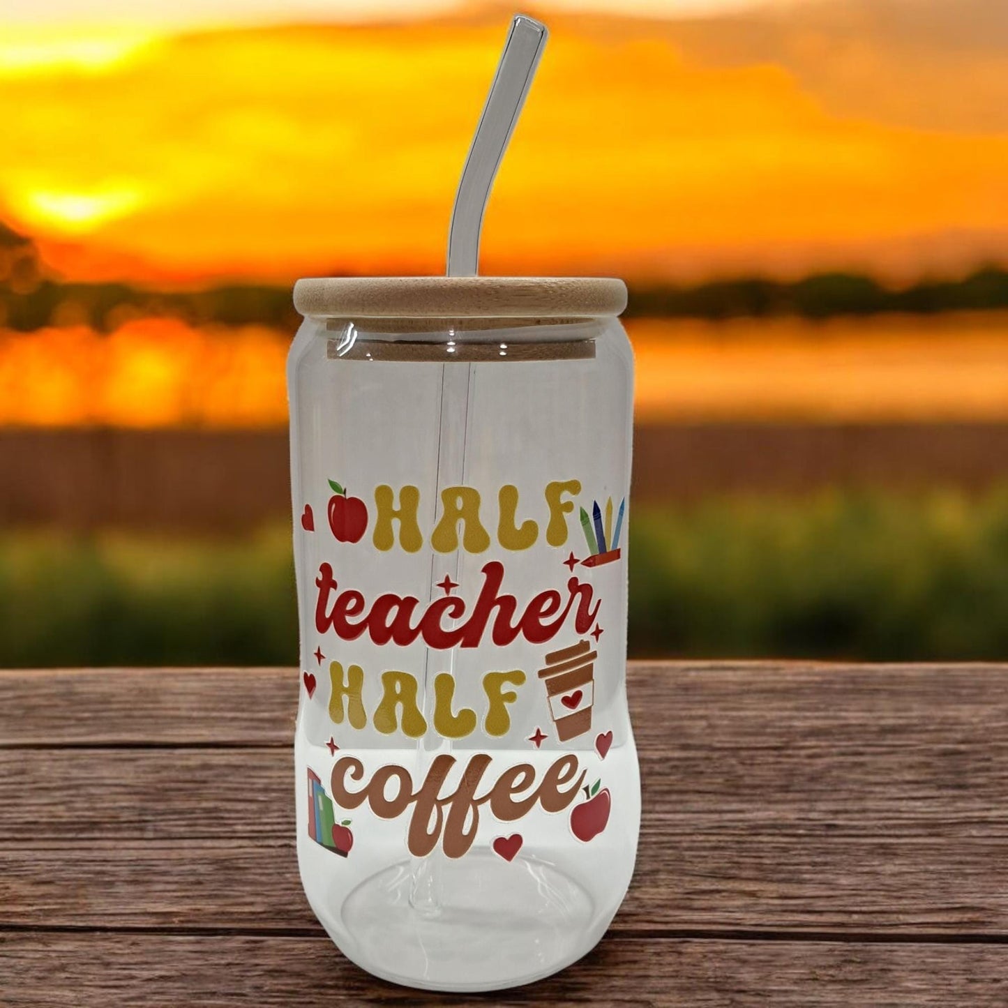Teacher Iced Coffee Tumbler – 16oz Glass with Bamboo Lid & Reusable Straw – Durable DTF Design – Perfect Teacher Gift