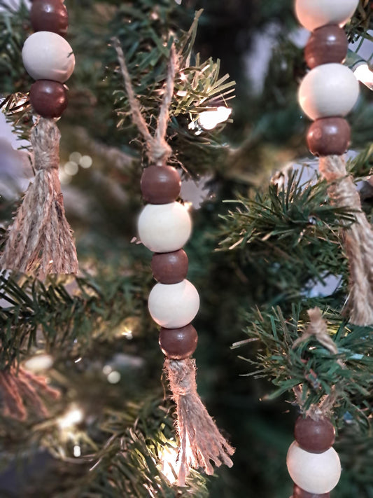 Set of 5 Handmade Boho-Inspired Natural Painted Wooden Bead and Tassel Christmas Ornaments – Wine Bottle Tag Decor