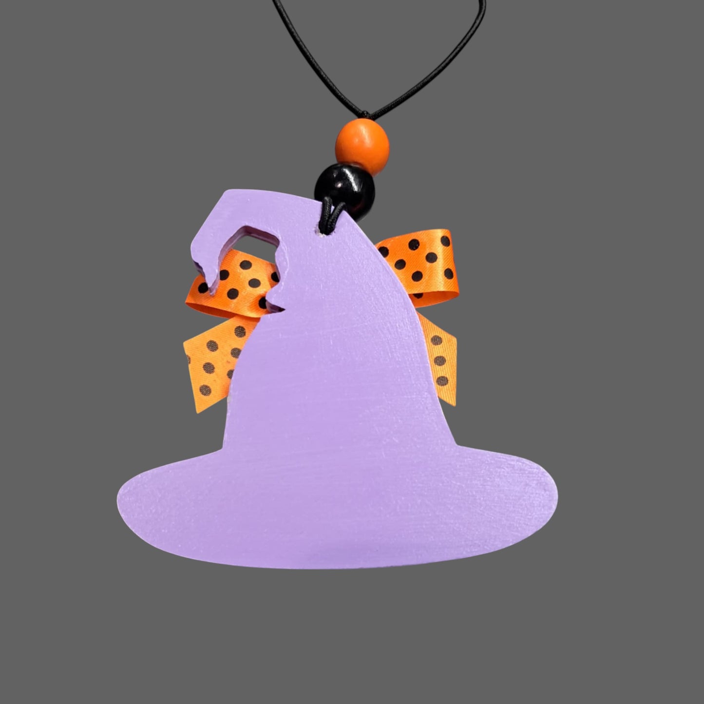 Resting Witch Face Car Mirror Charm – Purple/Orange/Black Polka Dot Bow