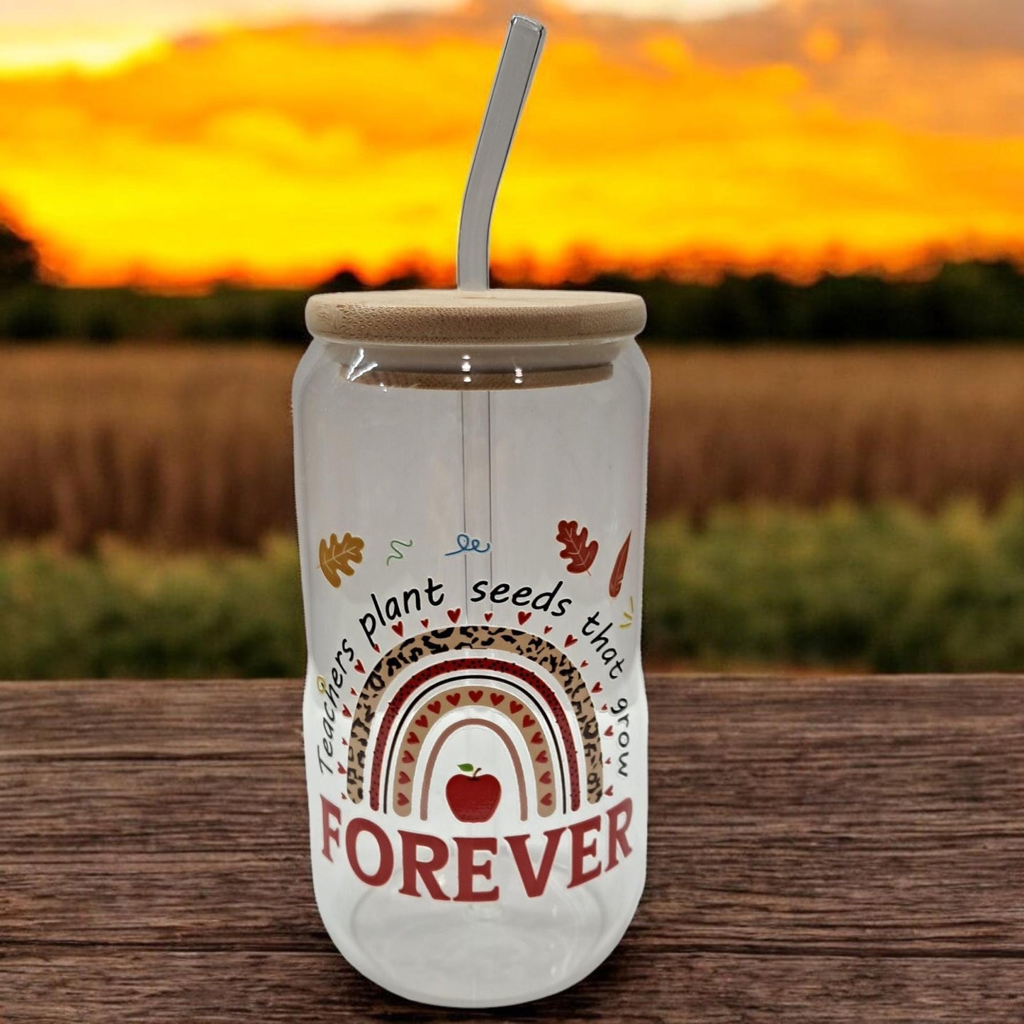 Teacher Iced Coffee Tumbler – 16oz Glass with Bamboo Lid & Reusable Straw – Durable DTF Design – Perfect Teacher Gift