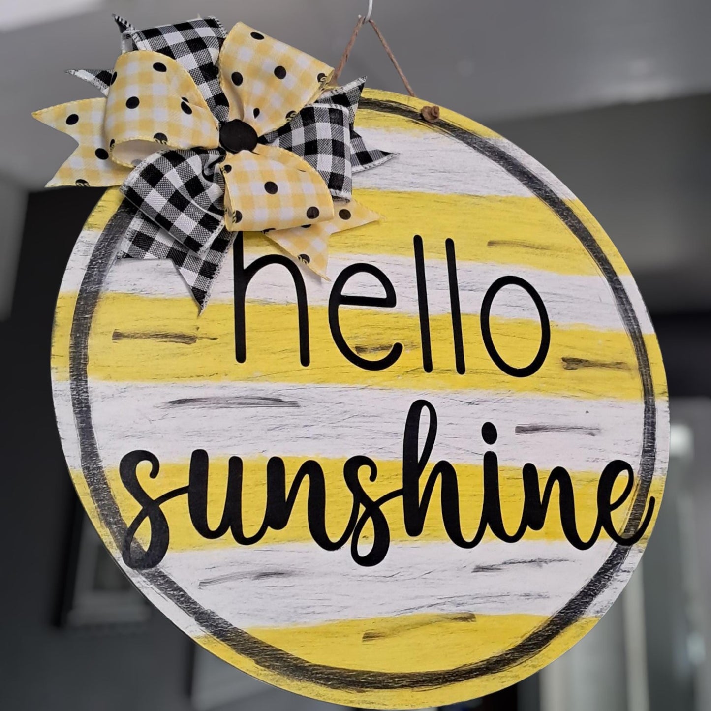 Hello Sunshine Door Hanger – 16" Round, Hand Painted Yellow with Polka Dots & Bow – Summer Front Door Décor