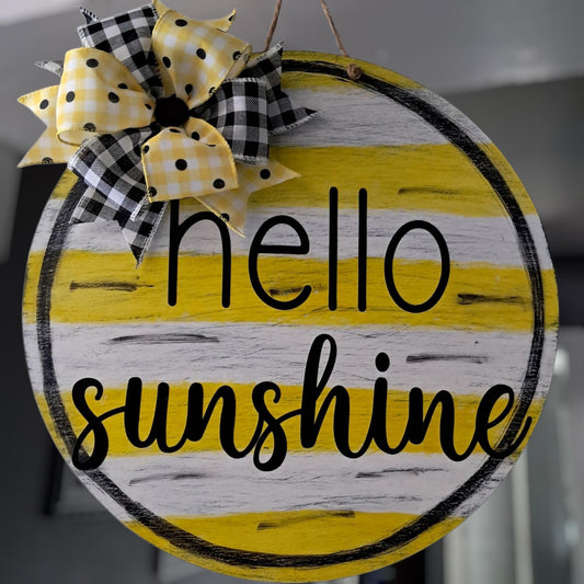 Hello Sunshine Door Hanger – 16" Round, Hand Painted Yellow with Polka Dots & Bow – Summer Front Door Décor