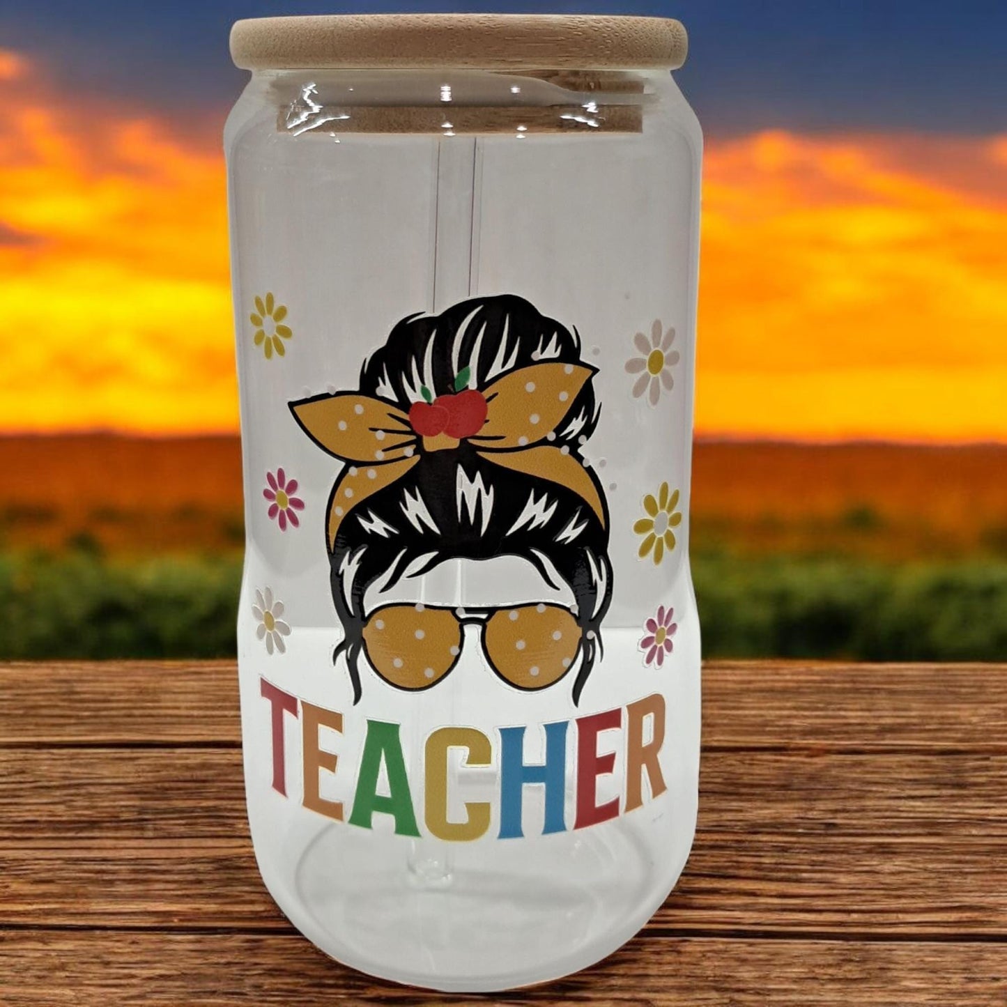 Teacher Iced Coffee Tumbler – 16oz Glass with Bamboo Lid & Reusable Straw – Durable DTF Design – Perfect Teacher Gift