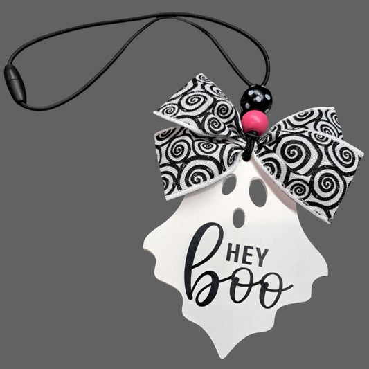Hey Boo Ghost Car Mirror Charm – Pink & Polka Dot Beads