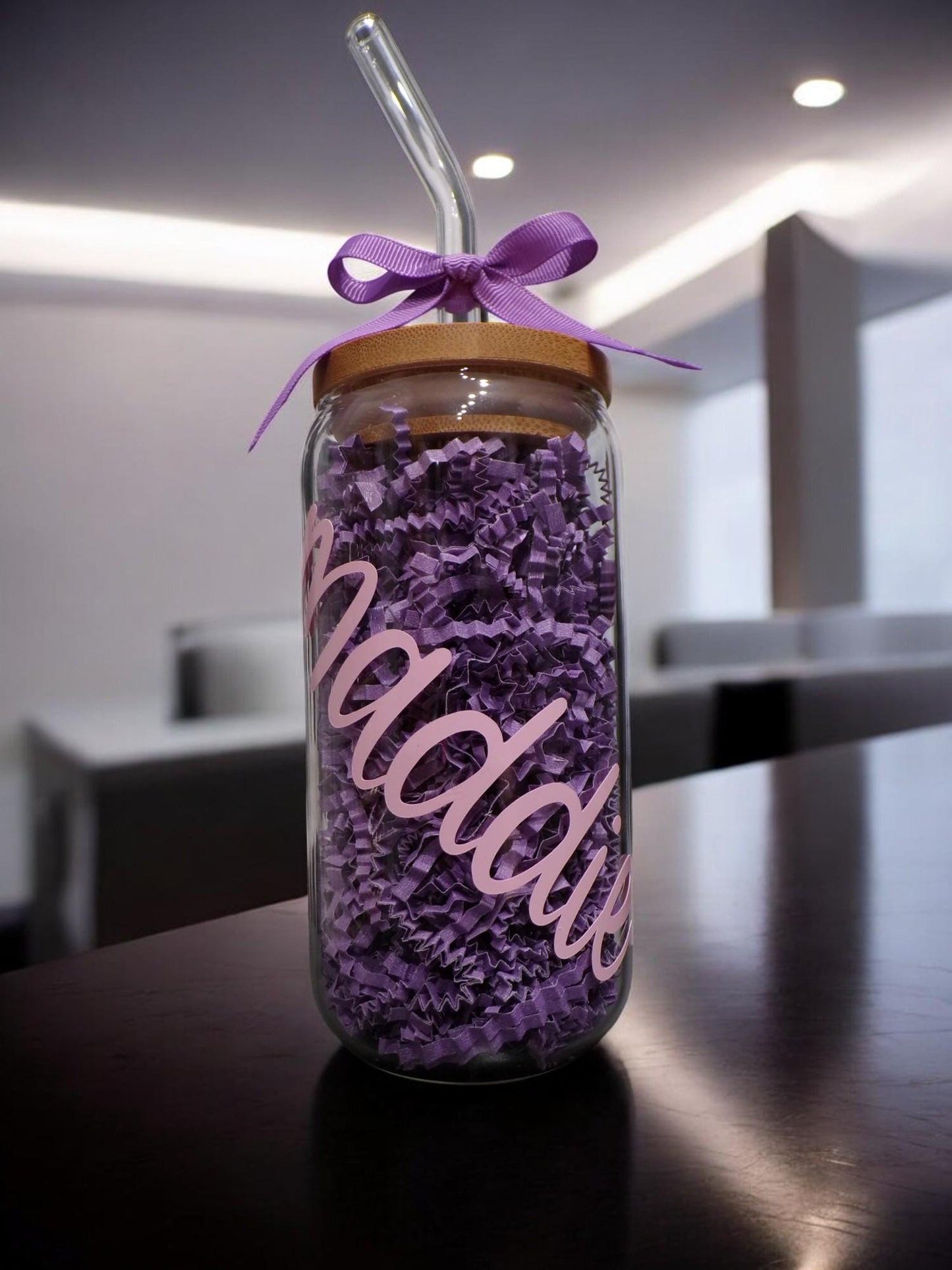 Personalized Name Iced Coffee Cup – Custom Clear Glass Tumbler with Bamboo Lid & Straw