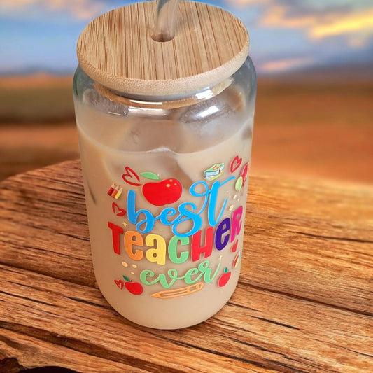 Teacher Iced Coffee Tumbler – 16oz Glass with Bamboo Lid & Reusable Straw – Durable DTF Design – Perfect Teacher Gift