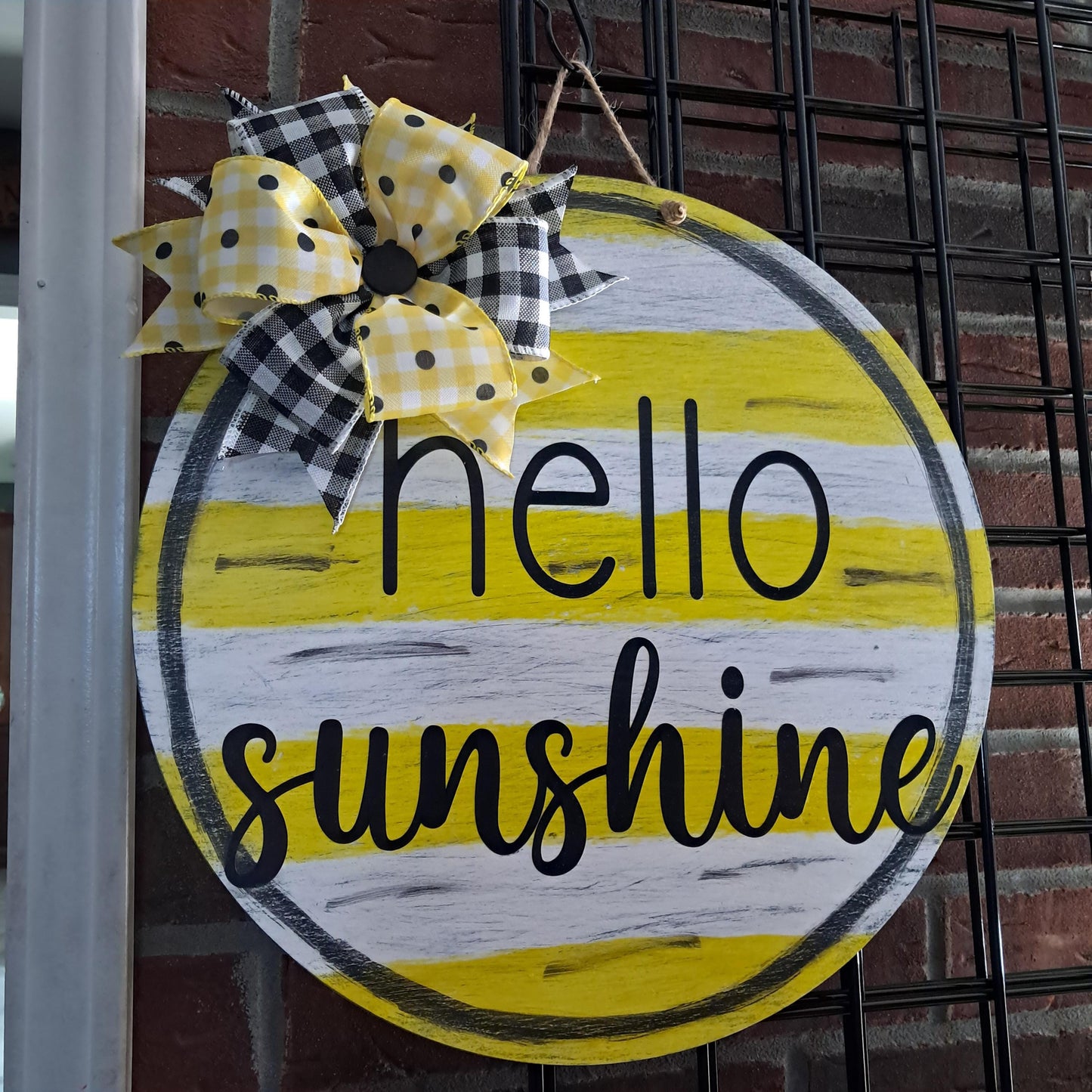 Hello Sunshine Door Hanger – 16" Round, Hand Painted Yellow with Polka Dots & Bow – Summer Front Door Décor