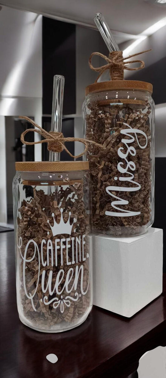 Personalized Name Iced Coffee Cup – Custom Clear Glass Tumbler with Bamboo Lid & Straw