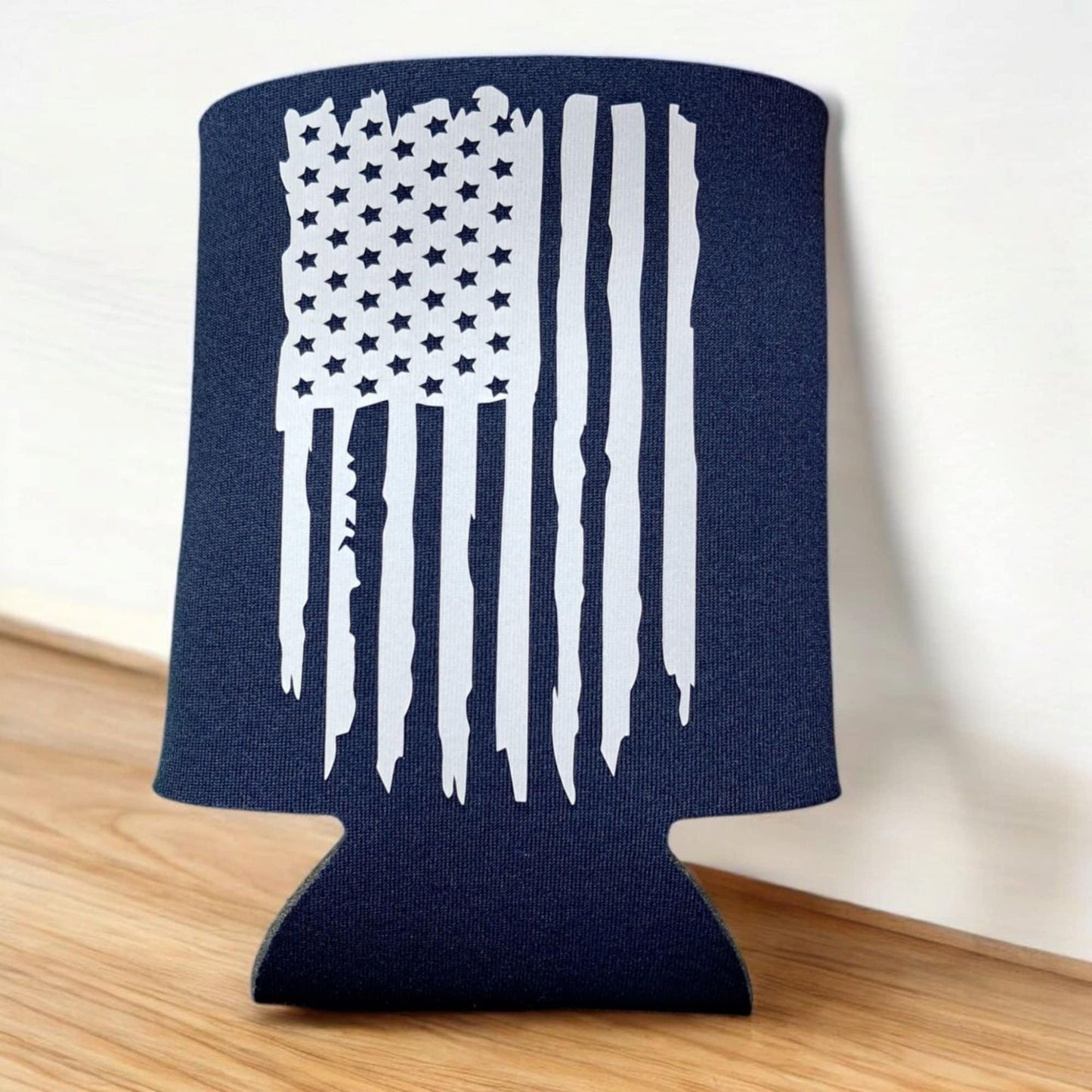 Distressed American Flag Can Cooler – Patriotic Foam Koozie – USA Flag Drink Sleeve