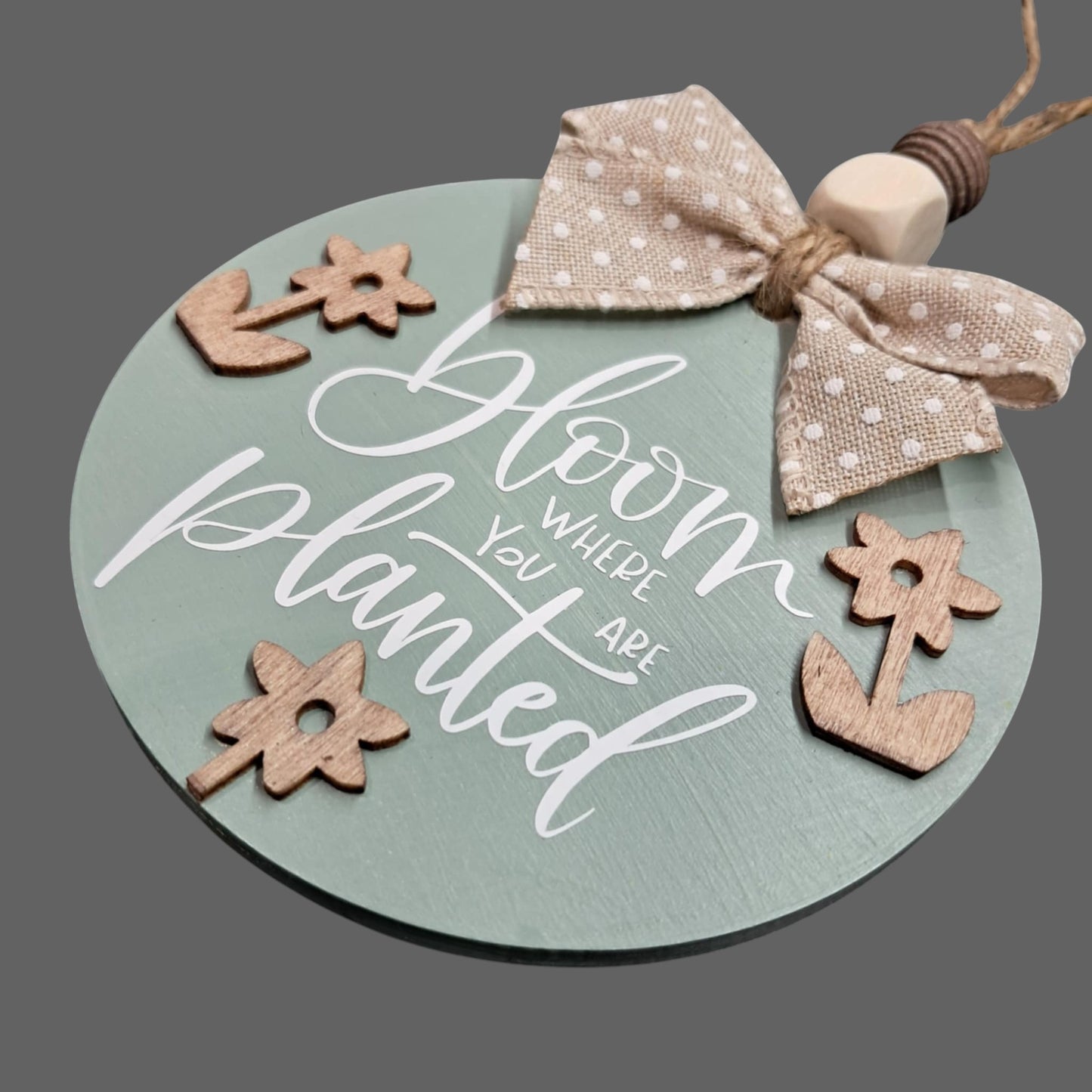 Bloom Where You Are Planted Car Mirror Charm – Sage Green Wood Round with Raised Flowers