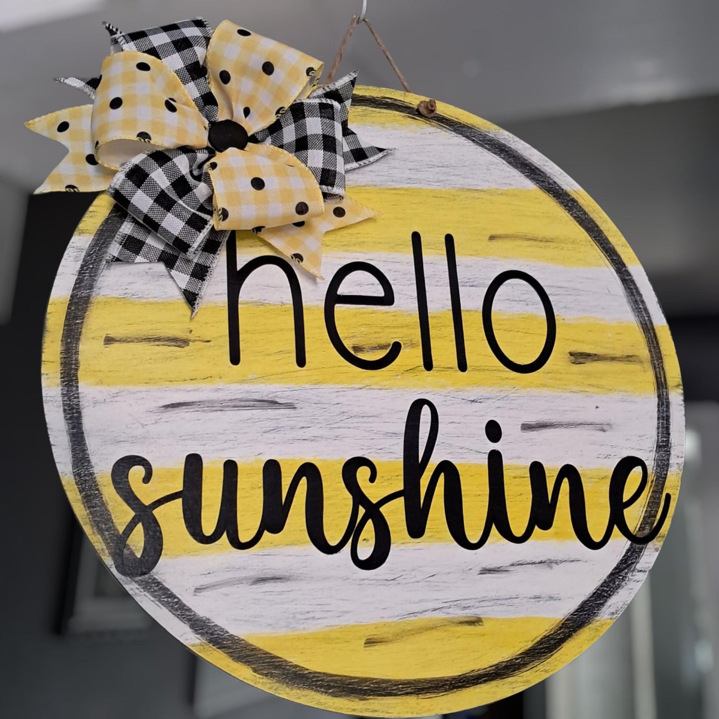 Hello Sunshine Door Hanger – 16" Round, Hand Painted Yellow with Polka Dots & Bow – Summer Front Door Décor