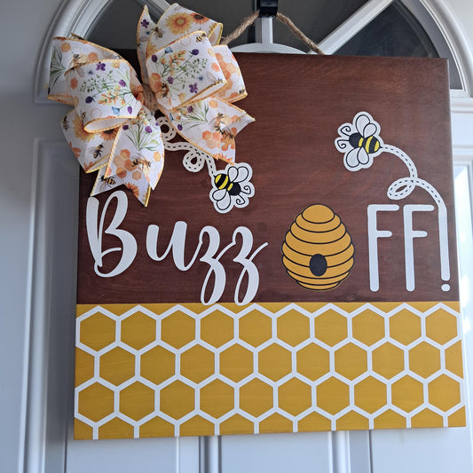 Buzz Off Door Hanger – Bee & Sunflower Sign – Funny Front Door Decor – Bow & Jute Hanger Included – Optional Greenery