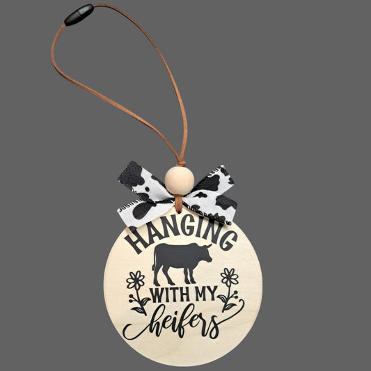 Hanging With My Heifers Car Mirror Charm – Round Wood with Cow Print Bow