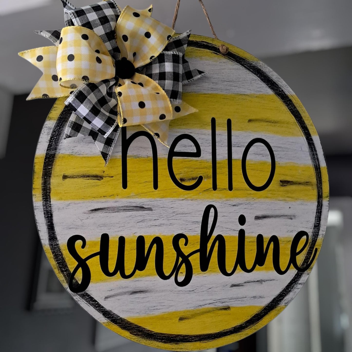 Hello Sunshine Door Hanger – 16" Round, Hand Painted Yellow with Polka Dots & Bow – Summer Front Door Décor