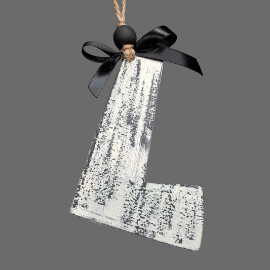 Rustic Wood “L” Car Mirror Charm – Plaster White Chippy Finish with Black Bow