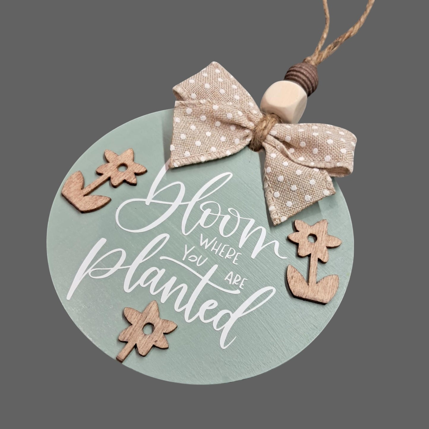 Bloom Where You Are Planted Car Mirror Charm – Sage Green Wood Round with Raised Flowers