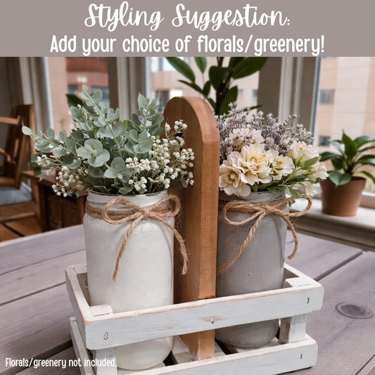 One-of-a-Kind Farmhouse Wood Crate Caddy with Glass Jar Vases