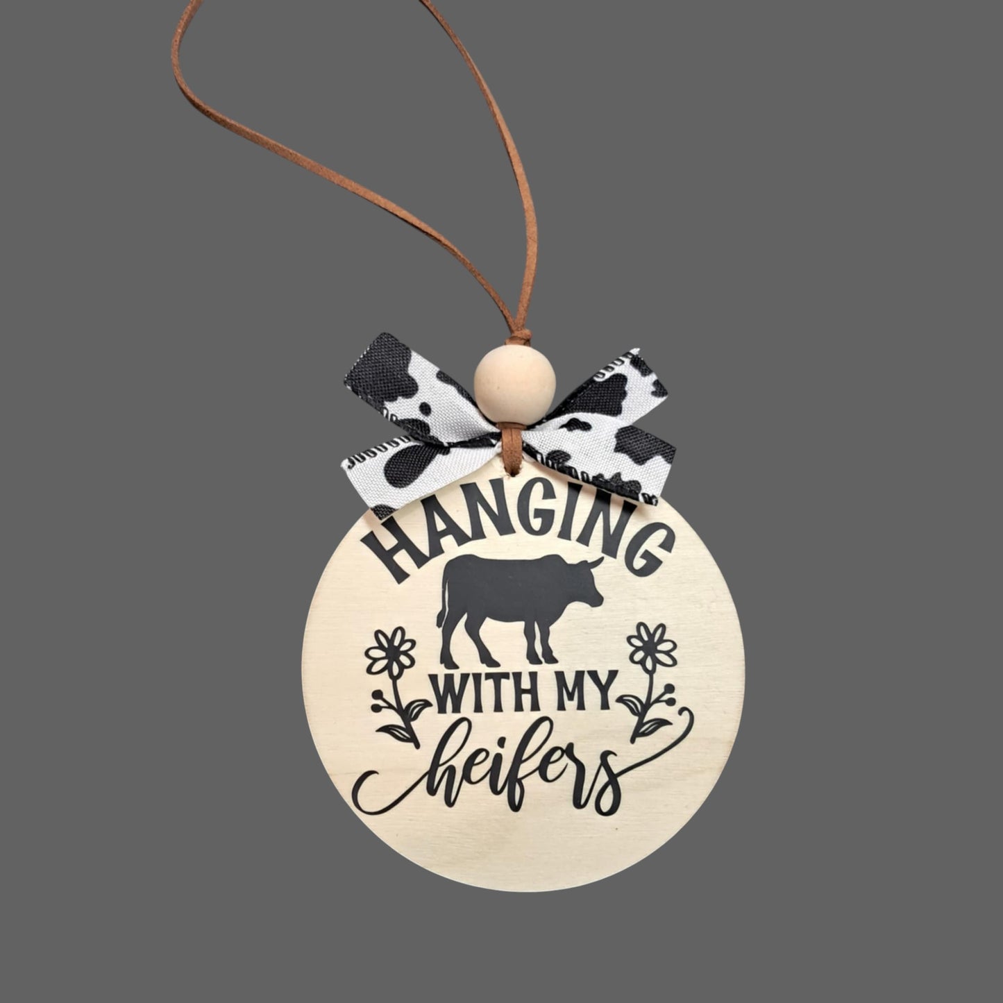 Hanging With My Heifers Car Mirror Charm – Round Wood with Cow Print Bow