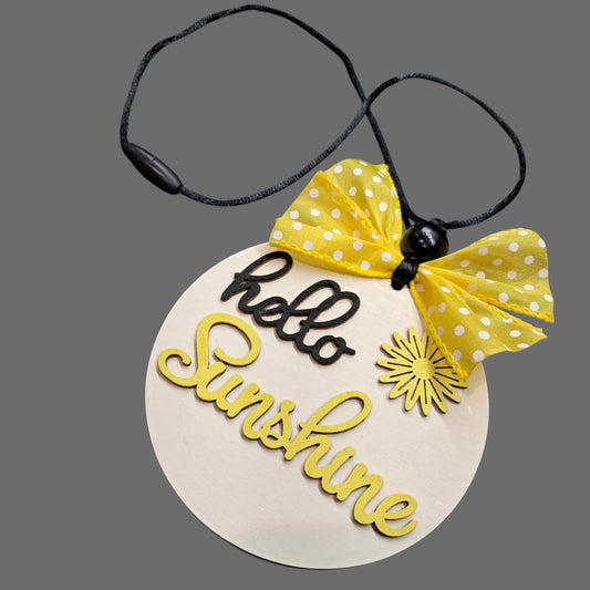 Hello Sunshine Car Mirror Charm – 4" Wood Round – Neutral & Yellow – Beads, Bow & Adjustable Jute Hanger
