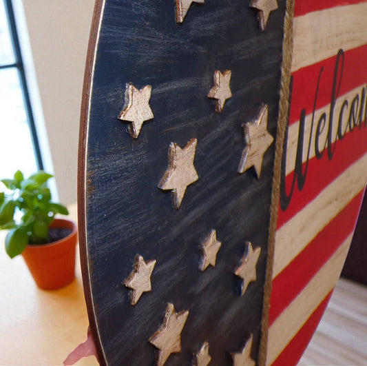 Patriotic Stars and Stripes Door Hanger – Red White Blue – Bow & Jute Rope Hanger – Optional Greenery – Made to Order Porch Decor