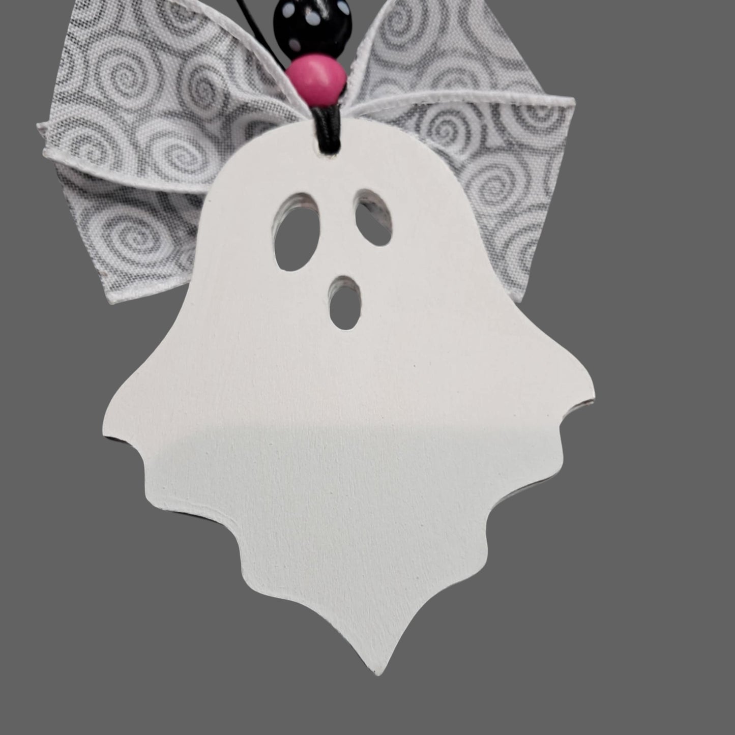 Hey Boo Ghost Car Mirror Charm – Pink & Polka Dot Beads