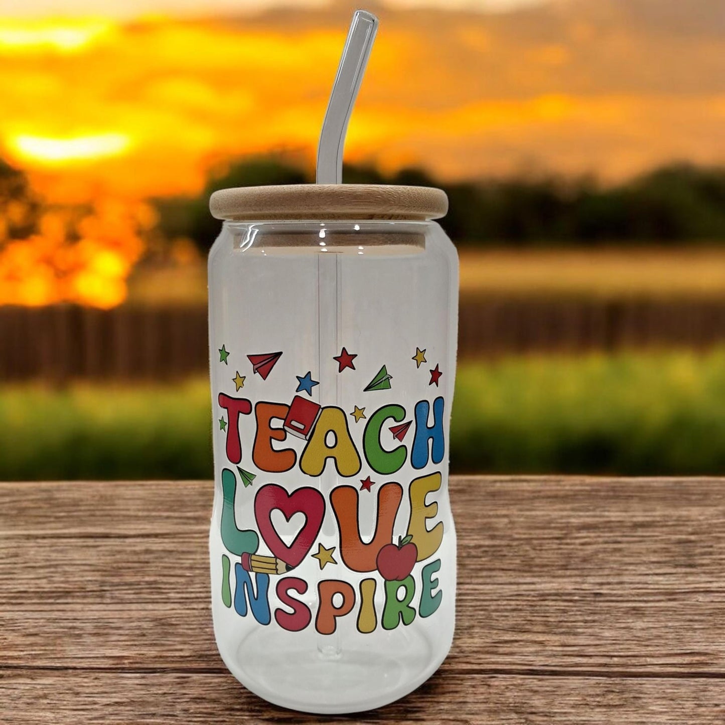 Teacher Iced Coffee Tumbler – 16oz Glass with Bamboo Lid & Reusable Straw – Durable DTF Design – Perfect Teacher Gift