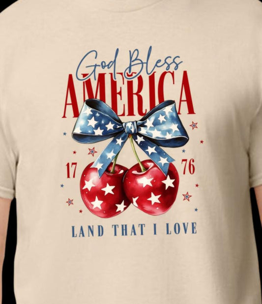 God Bless America T-Shirt • Patriotic Cherry Graphic Tee • 4th of July Shirt for Women • USA Red White & Blue Shirt • Land That I Love Tee