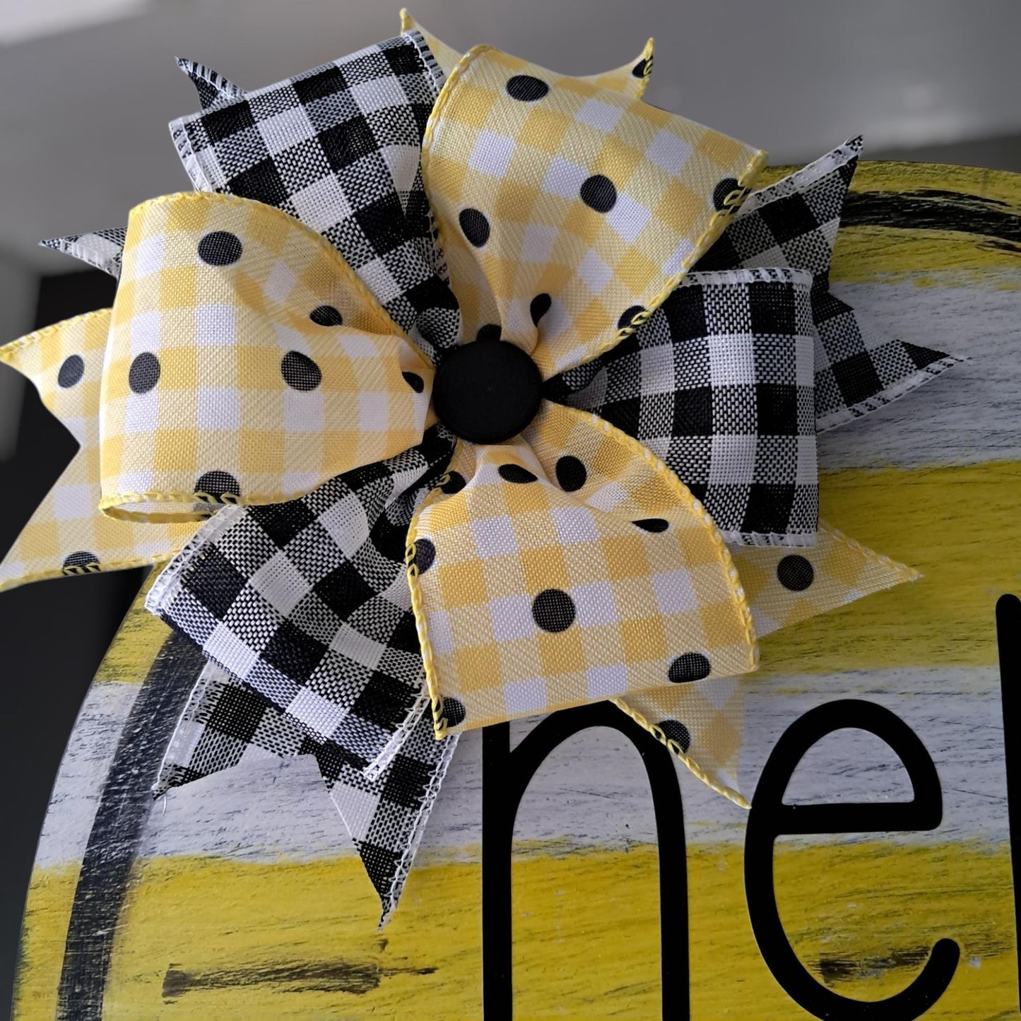 Hello Sunshine Door Hanger – 16" Round, Hand Painted Yellow with Polka Dots & Bow – Summer Front Door Décor