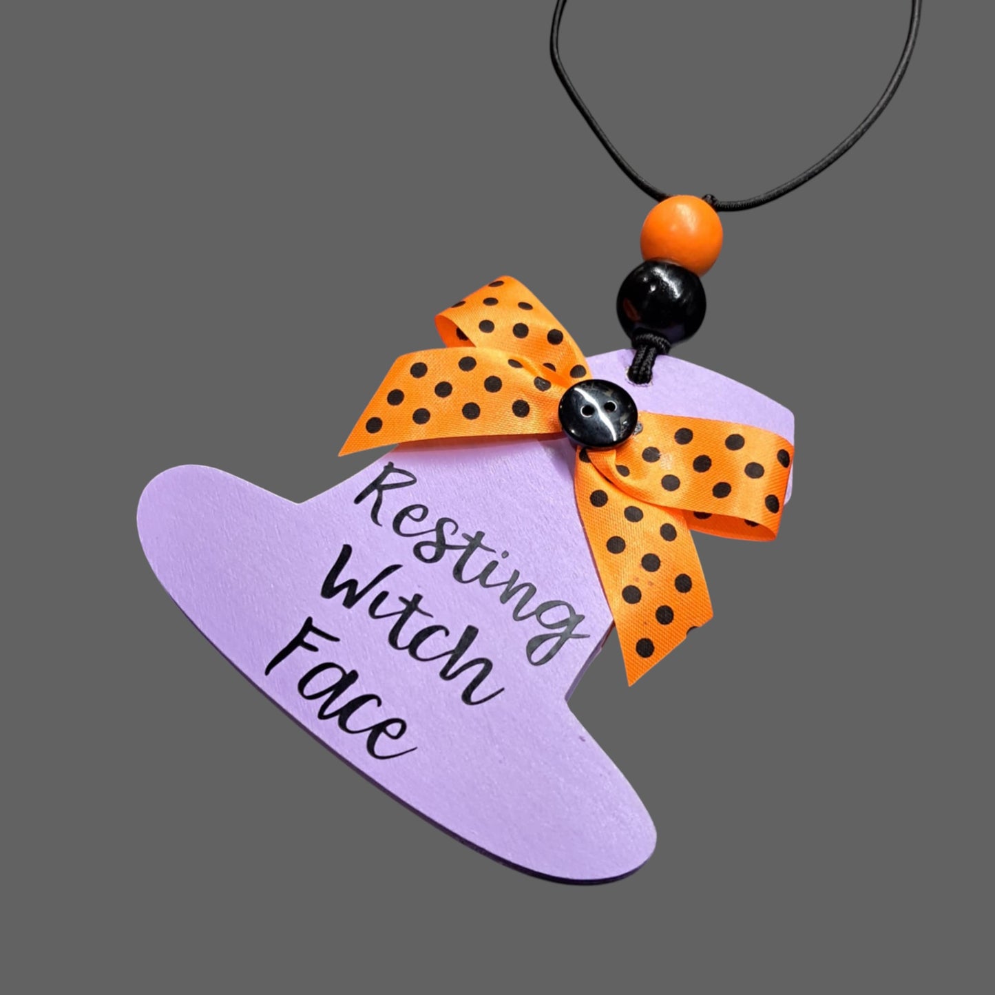 Resting Witch Face Car Mirror Charm – Purple/Orange/Black Polka Dot Bow