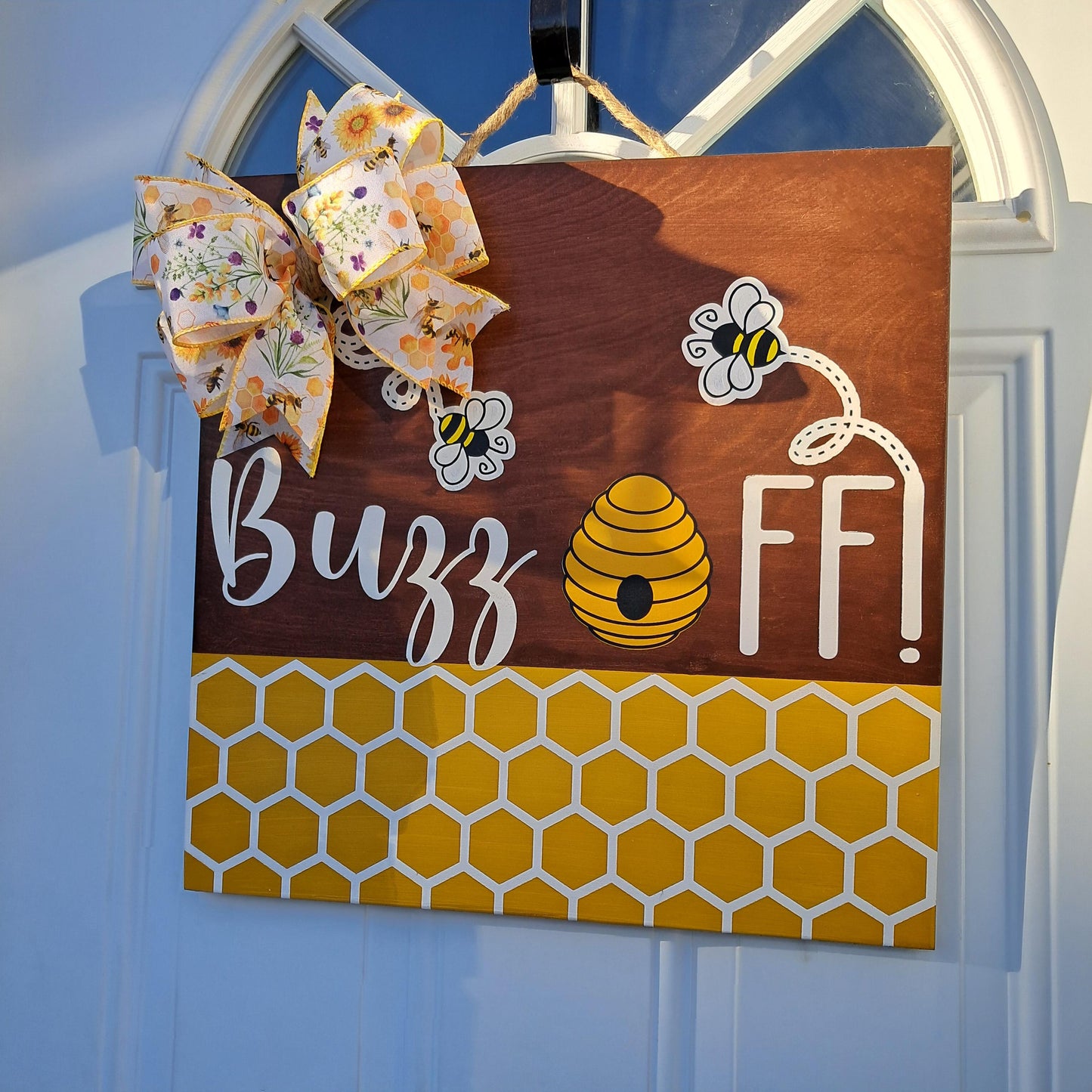 Buzz Off Door Hanger – Bee & Sunflower Sign – Funny Front Door Decor – Bow & Jute Hanger Included – Optional Greenery