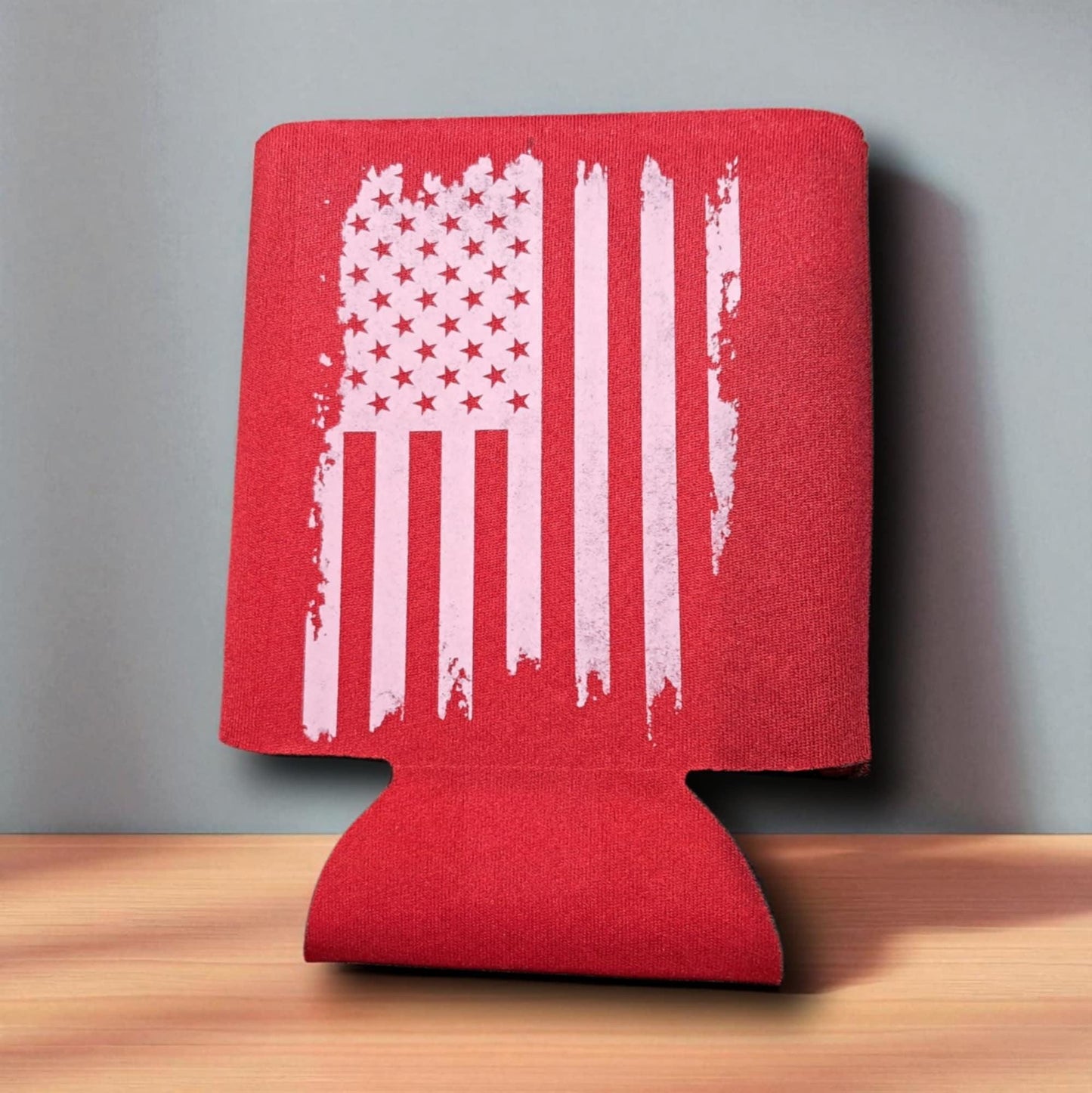 Distressed American Flag Can Cooler – Patriotic Foam Koozie – USA Flag Drink Sleeve