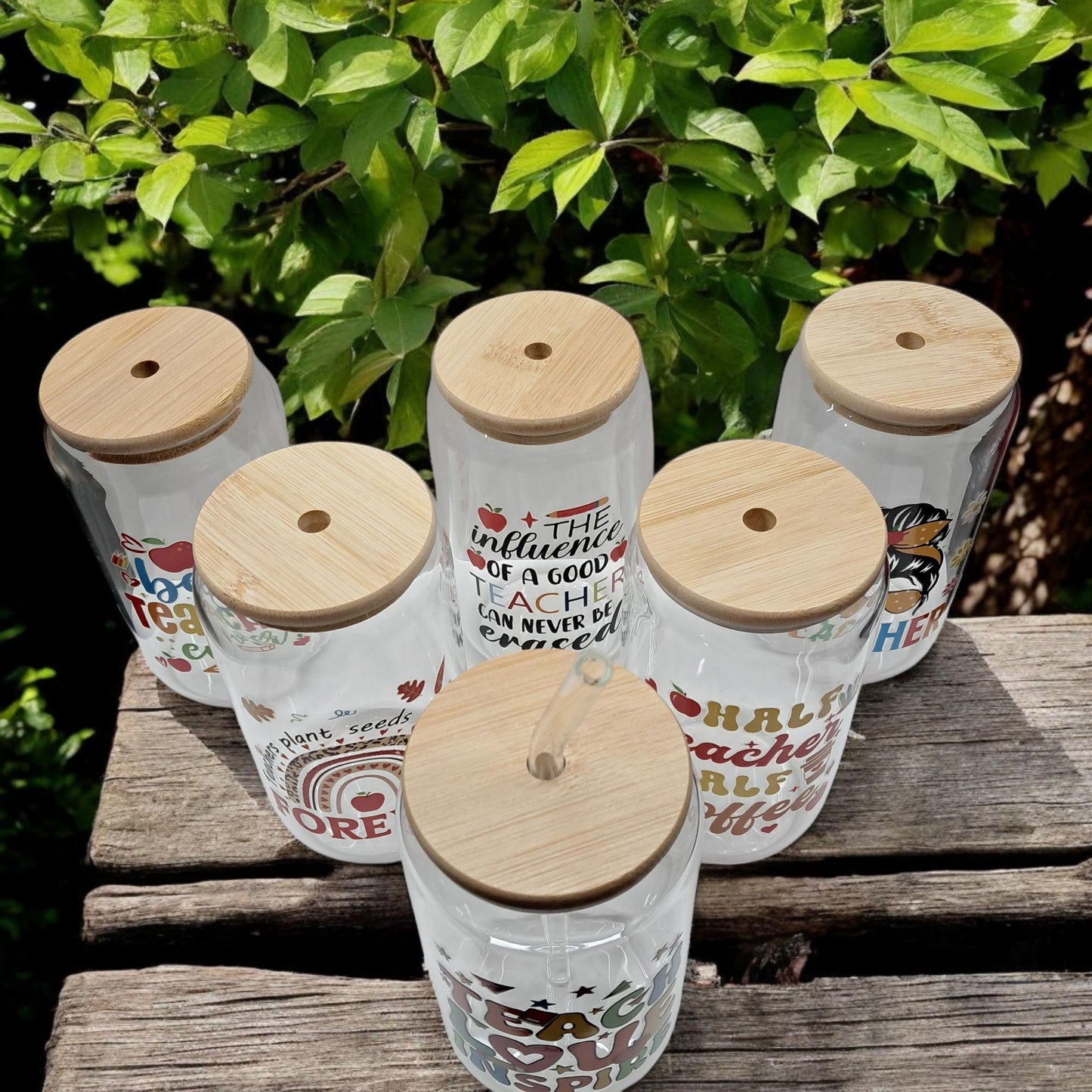Teacher Iced Coffee Tumbler – 16oz Glass with Bamboo Lid & Reusable Straw – Durable DTF Design – Perfect Teacher Gift