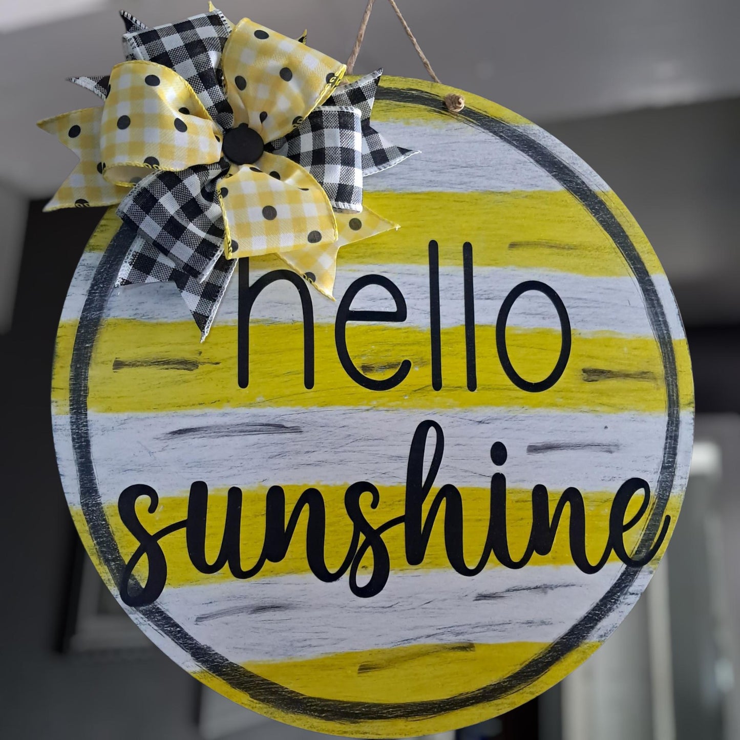 Hello Sunshine Door Hanger – 16" Round, Hand Painted Yellow with Polka Dots & Bow – Summer Front Door Décor