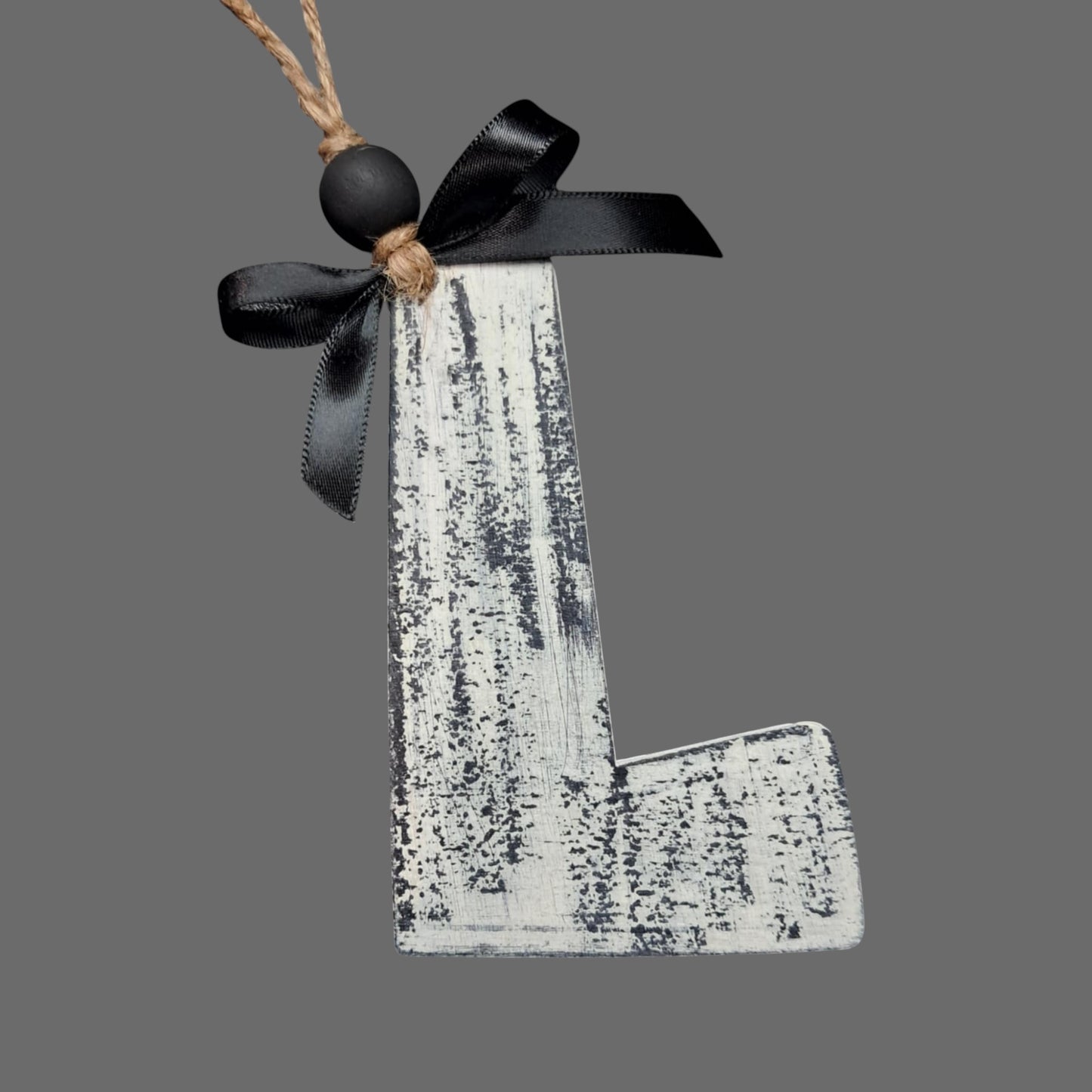 Rustic Wood “L” Car Mirror Charm – Plaster White Chippy Finish with Black Bow