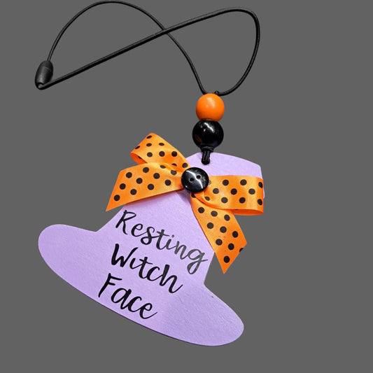 Resting Witch Face Car Mirror Charm – Purple/Orange/Black Polka Dot Bow