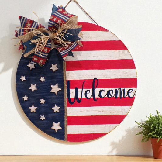 Patriotic Stars and Stripes Door Hanger – Red White Blue – Bow & Jute Rope Hanger – Optional Greenery – Made to Order Porch Decor