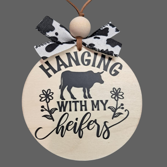 Hanging With My Heifers Car Mirror Charm – Round Wood with Cow Print Bow