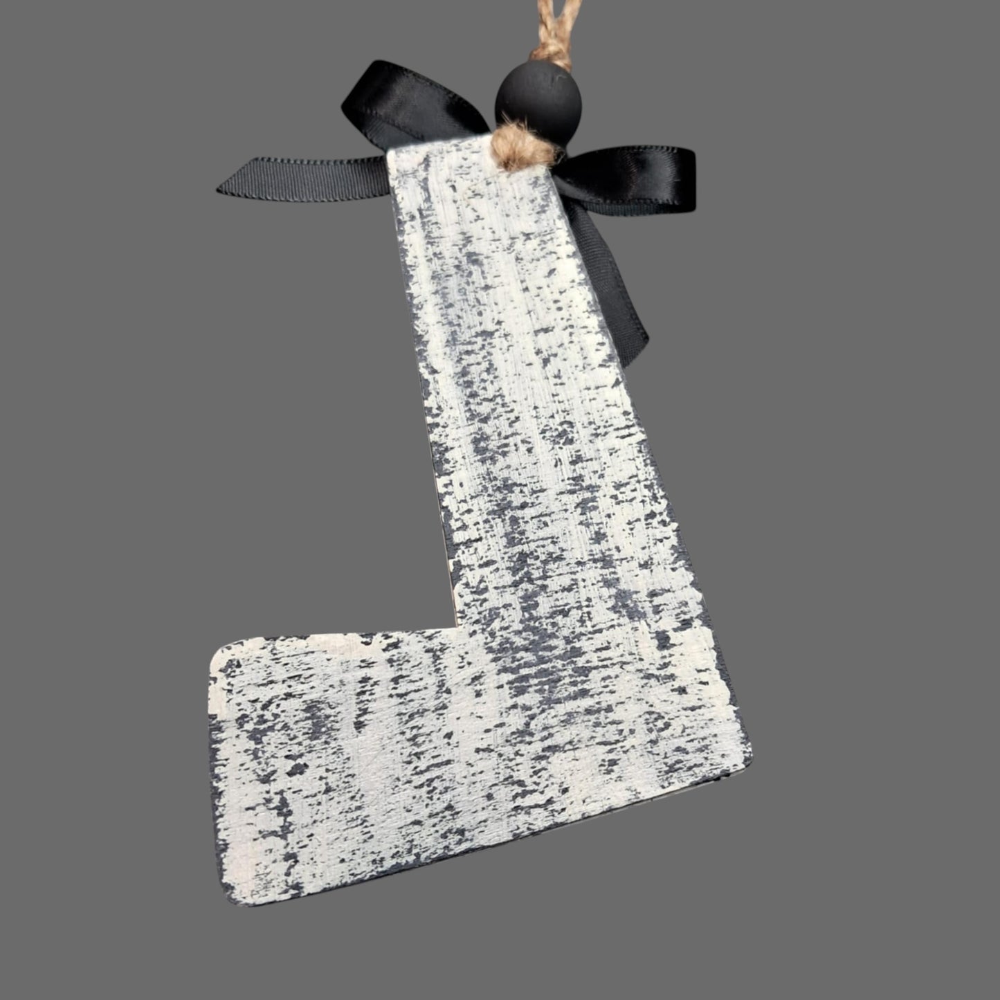 Rustic Wood “L” Car Mirror Charm – Plaster White Chippy Finish with Black Bow