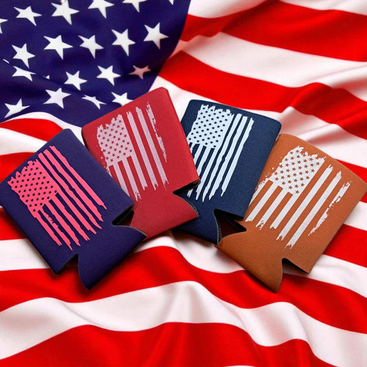 Distressed American Flag Can Cooler – Patriotic Foam Koozie – USA Flag Drink Sleeve